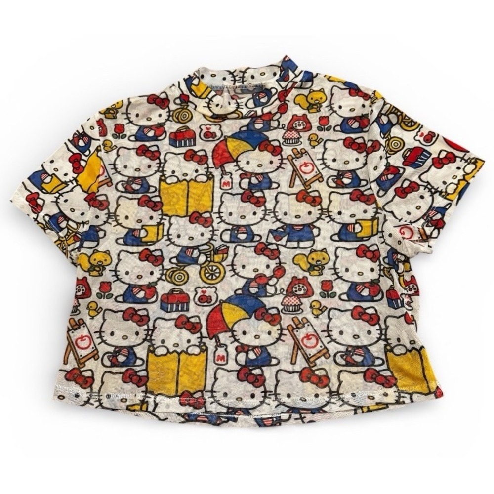 Hello‎ Kitty Graphic Sheer Crop Top JXL Juniors Tee All Over Print Kawaii
